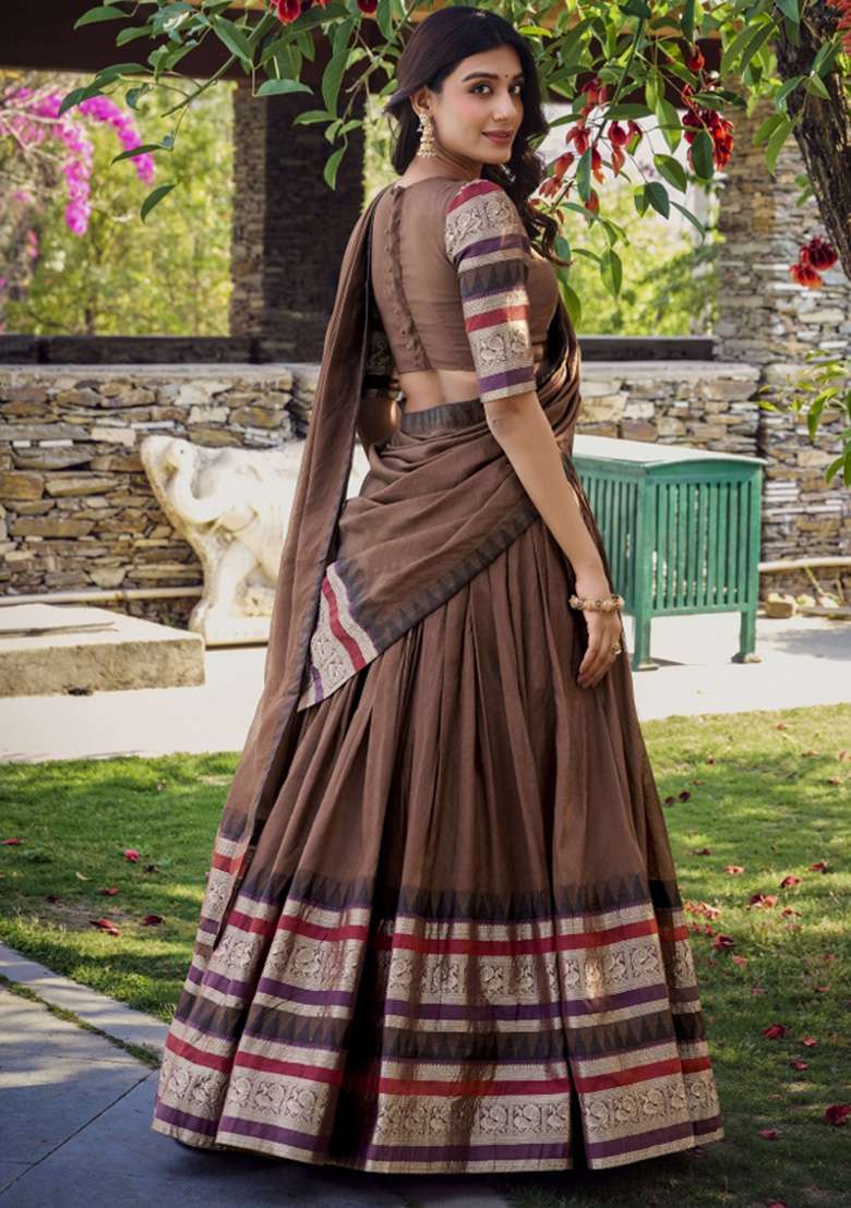 Brown Chanderi Lehenga Set with Zari Work for Diwali | Wedding & Festive Wear - Indya