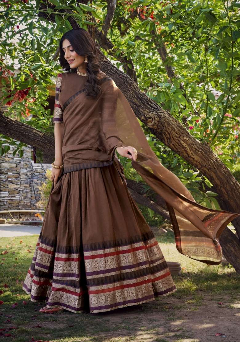 Brown Chanderi Lehenga Set with Zari Work for Diwali | Wedding & Festive Wear - Indya