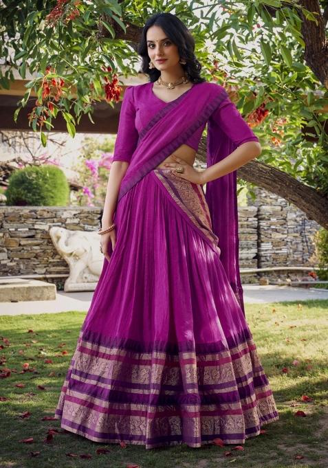 Pink Zari Work Chanderi Lehenga Set