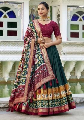 Green Printed Silk Lehenga Set