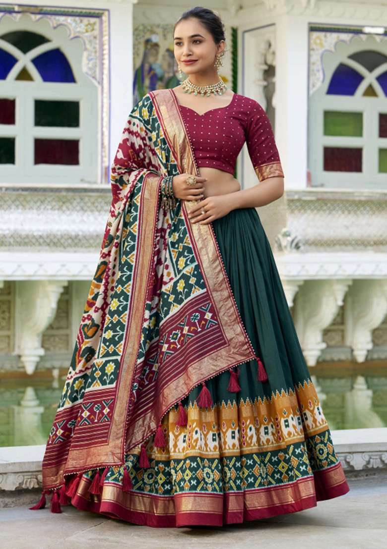 Green Printed Silk Blend Lehenga Set - Indya