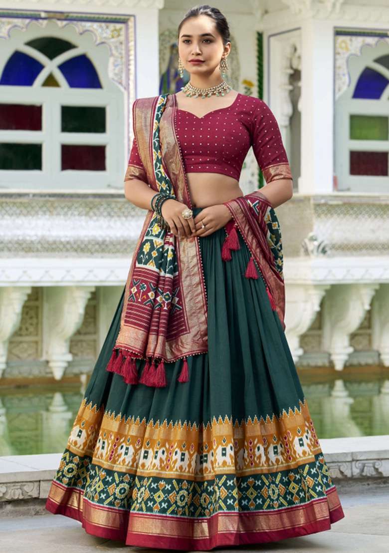 Green Printed Silk Blend Lehenga Set - Indya