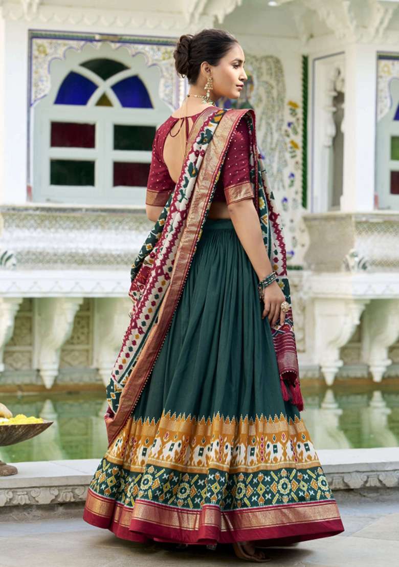 Green Printed Silk Blend Lehenga Set - Indya