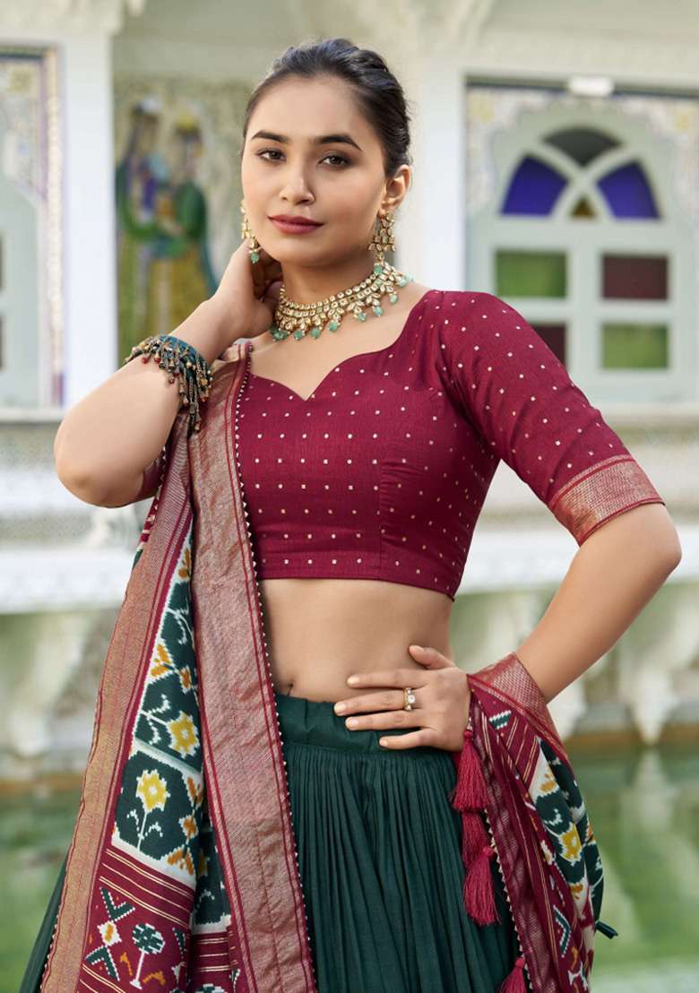 Green Printed Silk Blend Lehenga Set - Indya