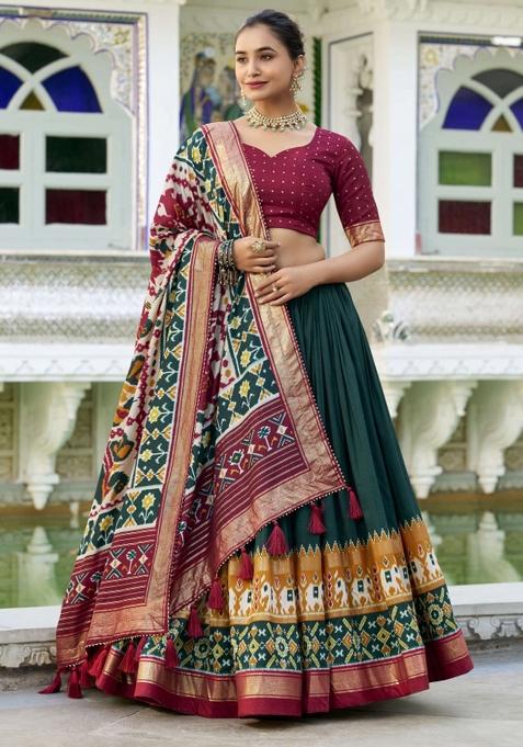 Green Printed Silk Lehenga Set