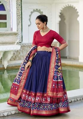 Navy Blue Printed Silk Blend Lehenga Set