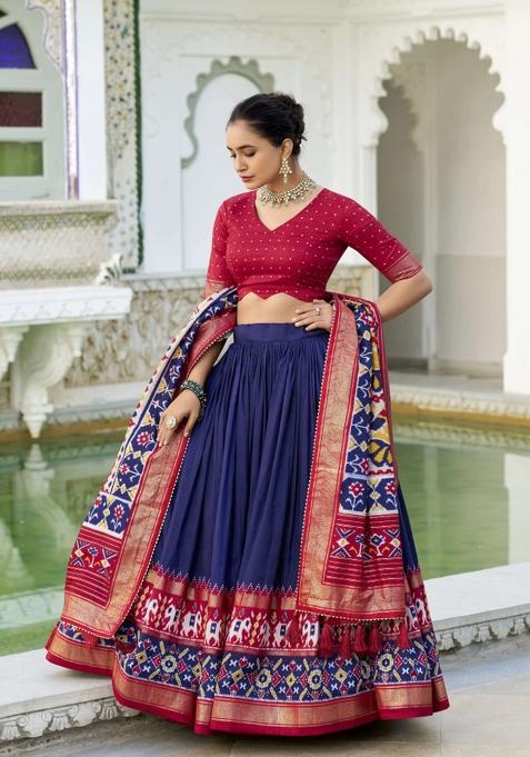 Navy Blue Printed Silk Lehenga Set