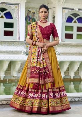 Mustard Yellow Printed Silk Lehenga Set