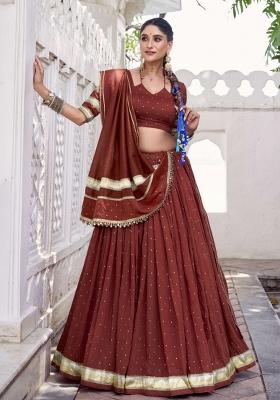 Rust Zari Work Chanderi Chaniya Choli Set For Navratri And Garba