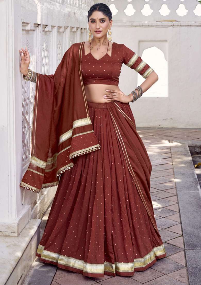 Rust Zari Work Chanderi Chaniya Choli Set For Navratri And Garba - Indya