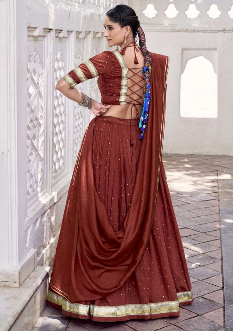 Rust Zari Work Chanderi Chaniya Choli Set For Navratri And Garba - Indya