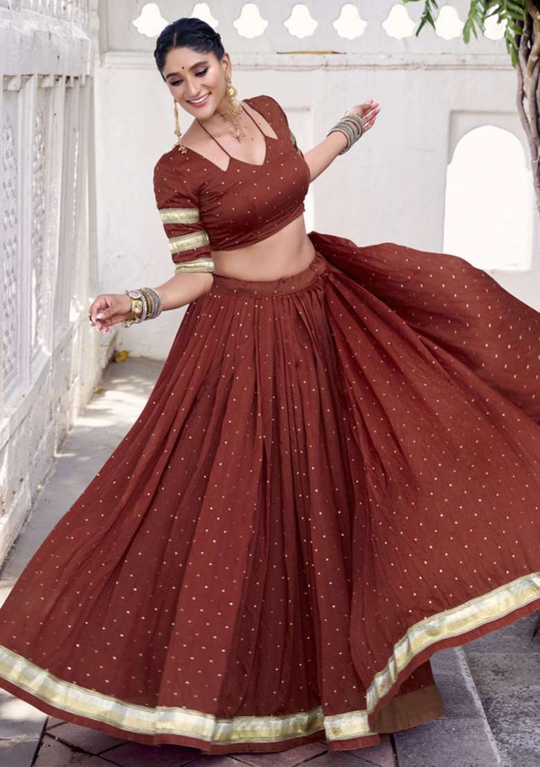 Rust Zari Work Chanderi Chaniya Choli Set For Navratri And Garba - Indya