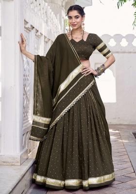 Mehendi Green Zari Work Chanderi Lehenga Set