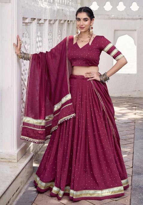 Maroon Zari Work Chanderi Lehenga Set