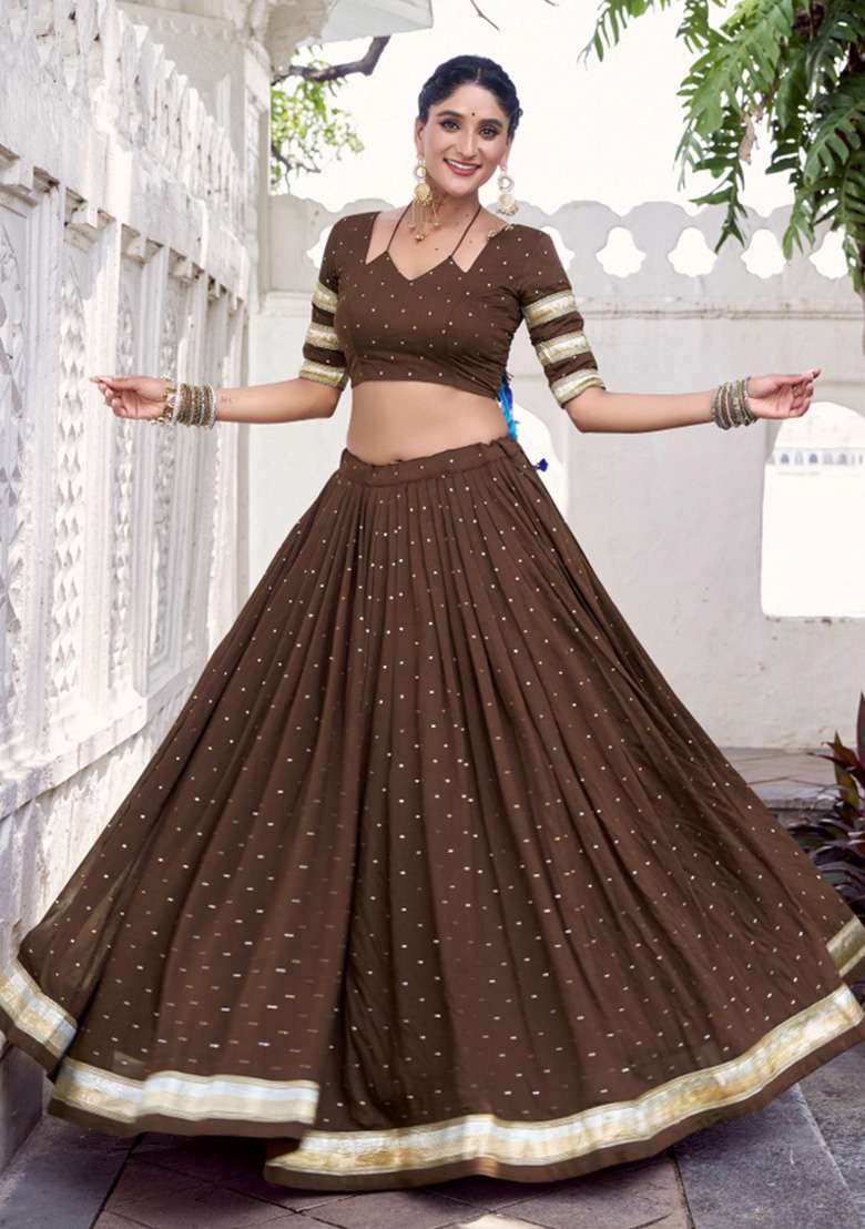 Brown Zari Work Chanderi Chaniya Choli Set For Navratri And Garba - Indya