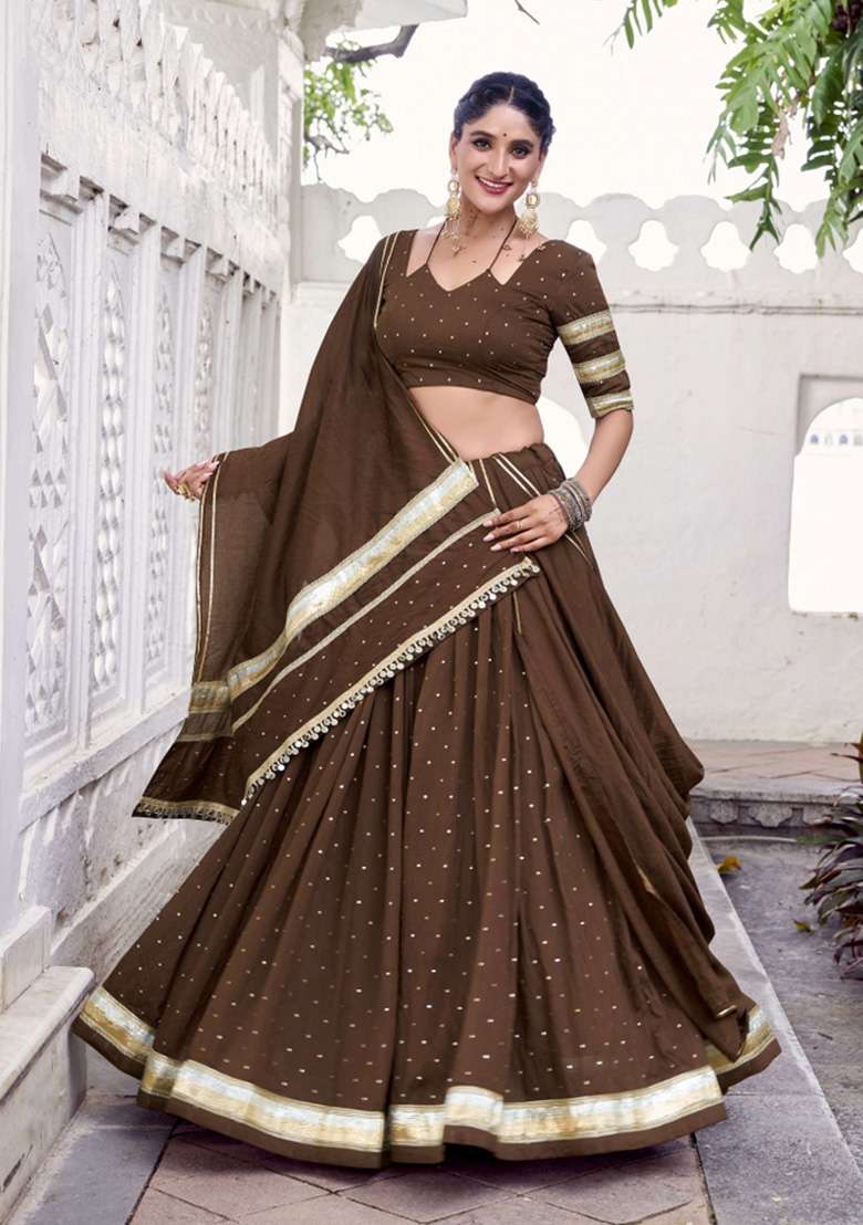 Brown Zari Work Chanderi Chaniya Choli Set For Navratri And Garba - Indya