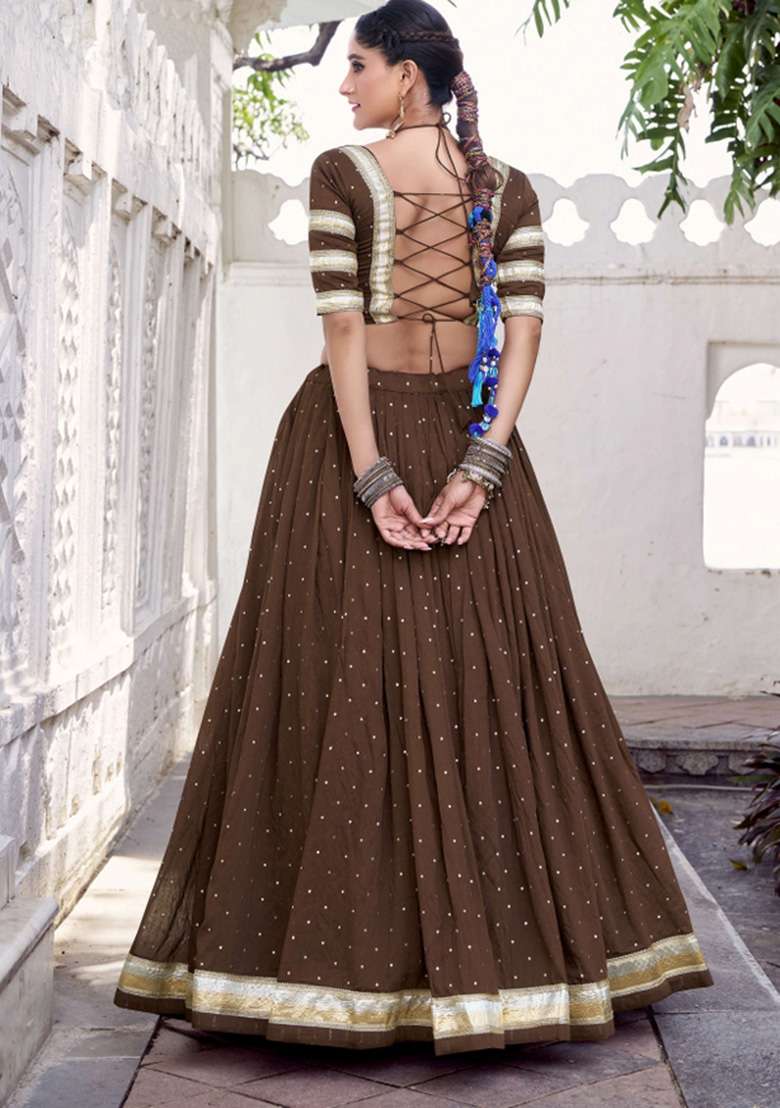 Brown Zari Work Chanderi Chaniya Choli Set For Navratri And Garba - Indya