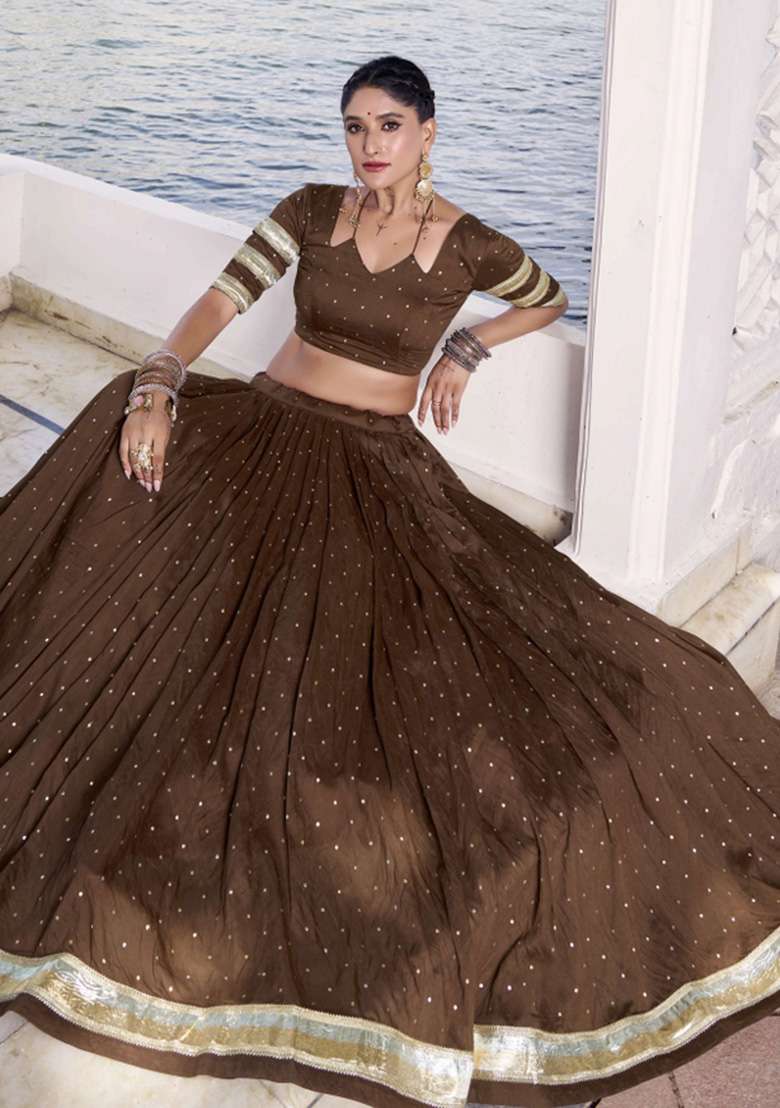 Brown Zari Work Chanderi Chaniya Choli Set For Navratri And Garba - Indya