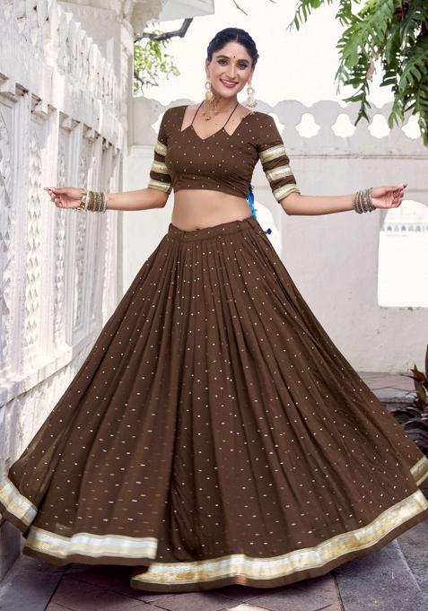 Brown Zari Work Chanderi Lehenga Set