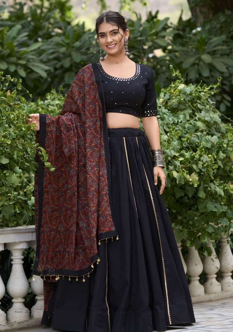 Black Gota Patti Cotton Chaniya Choli Set For Navratri And Garba - Indya
