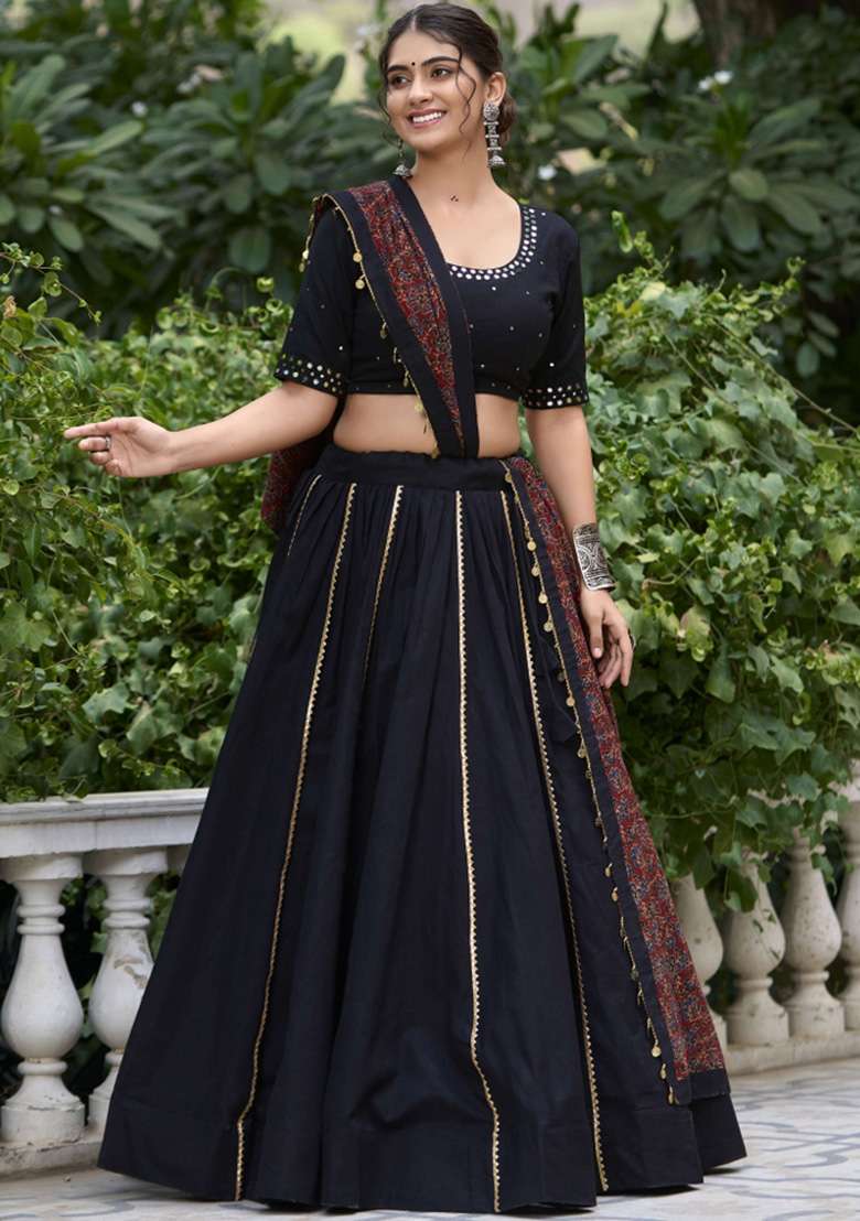 Black Gota Patti Cotton Chaniya Choli Set For Navratri And Garba - Indya