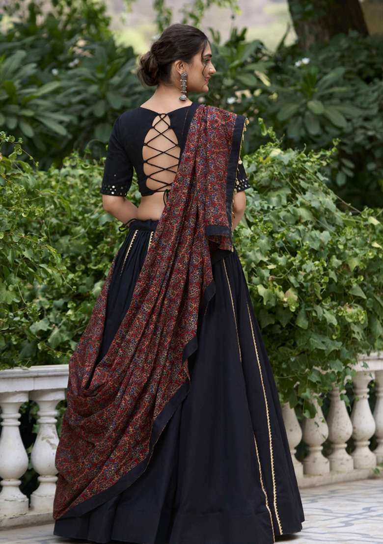 Black Gota Patti Cotton Chaniya Choli Set For Navratri And Garba - Indya
