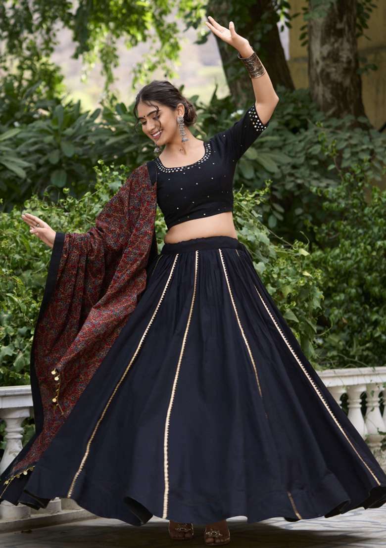 Black Gota Patti Cotton Chaniya Choli Set For Navratri And Garba - Indya