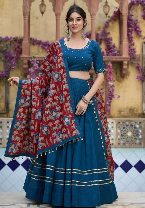 Teal Gota Patti Cotton Lehenga Set