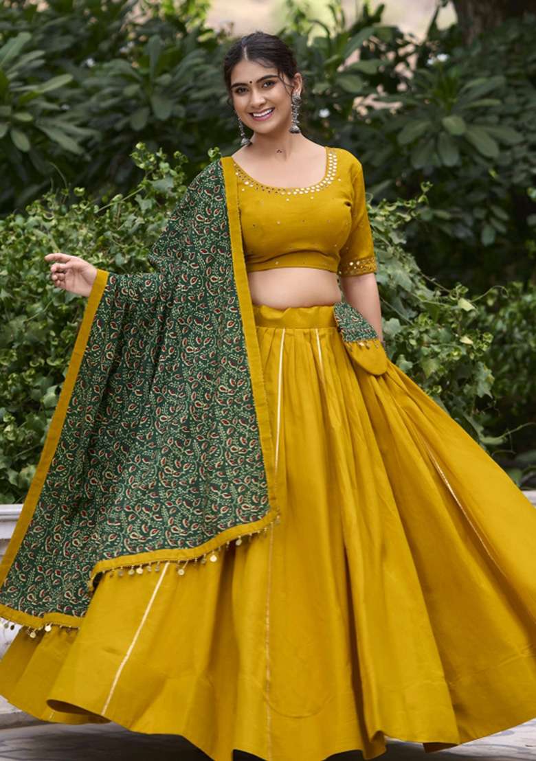 Mustard Yellow Gota Patti Cotton Chaniya Choli Set For Navratri And Garba - Indya