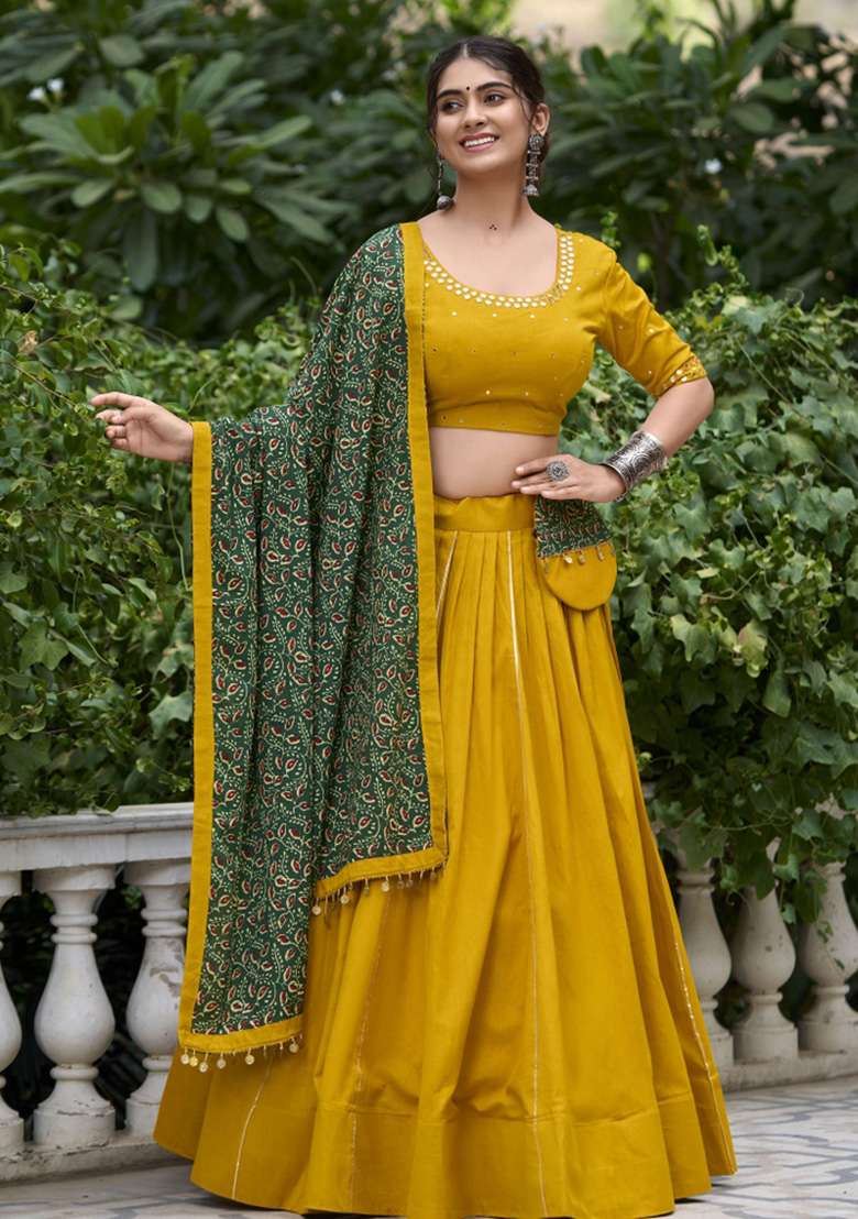 Mustard Yellow Gota Patti Cotton Chaniya Choli Set For Navratri And Garba - Indya