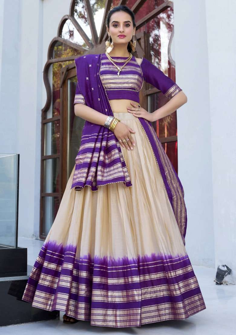 Off White Zari Work Chanderi Lehenga Set - Indya
