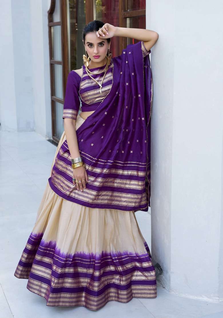 Off White Zari Work Chanderi Lehenga Set - Indya