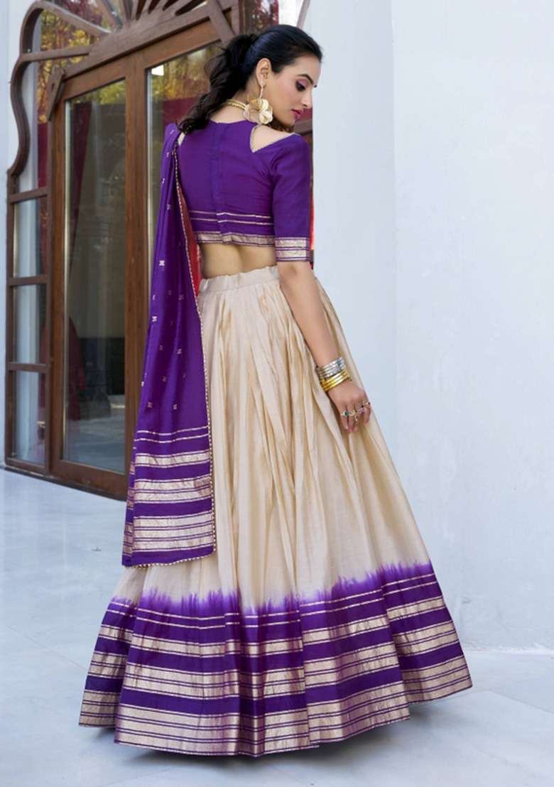 Off White Zari Work Chanderi Lehenga Set - Indya