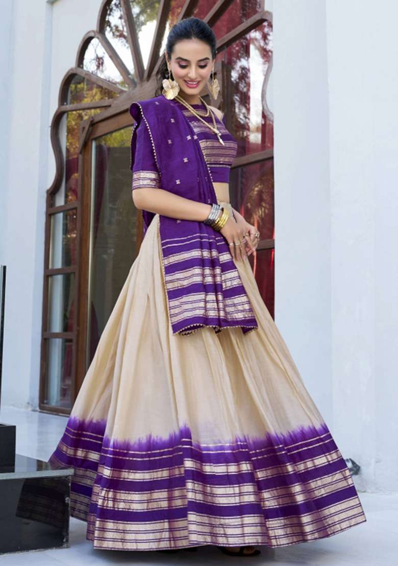 Off White Zari Work Chanderi Lehenga Set - Indya