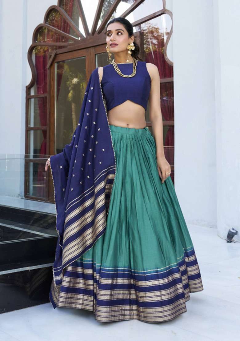 Firoji Zari Work Chanderi Lehenga Set - Indya