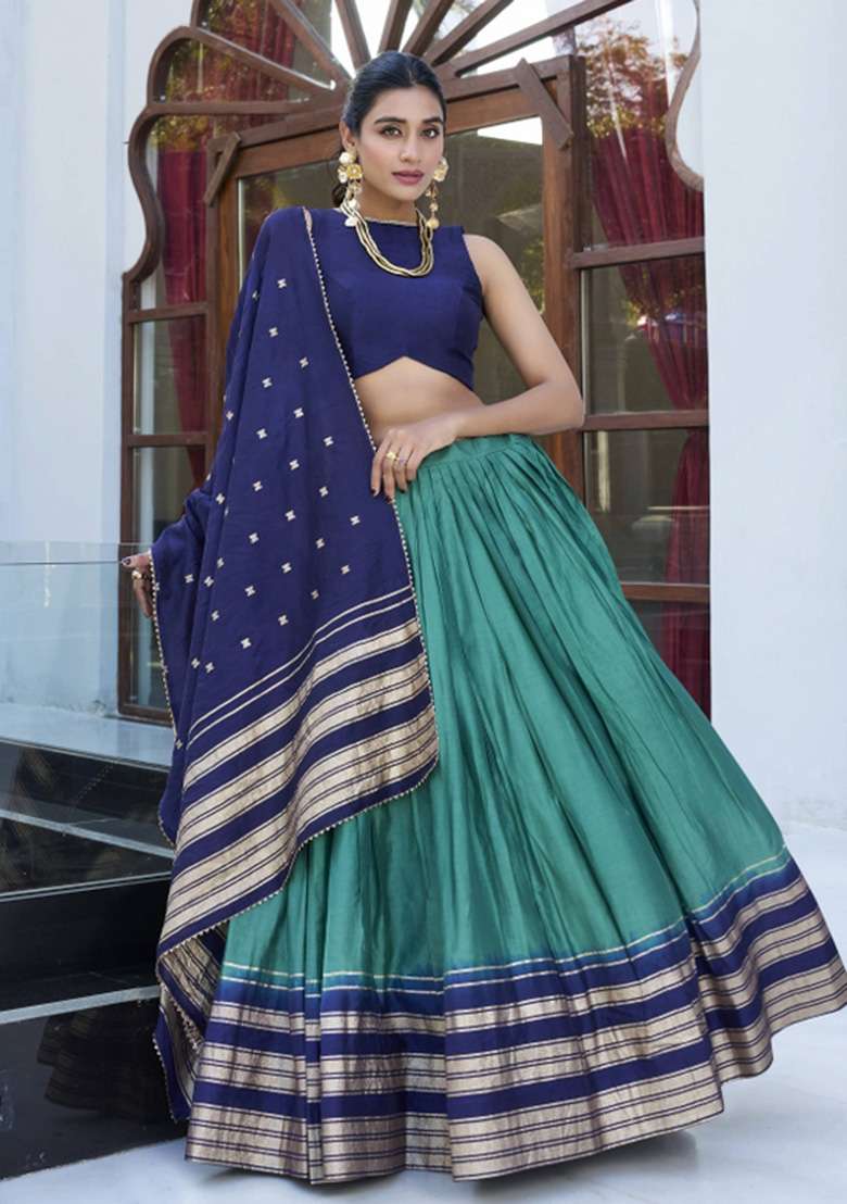 Firoji Zari Work Chanderi Lehenga Set - Indya