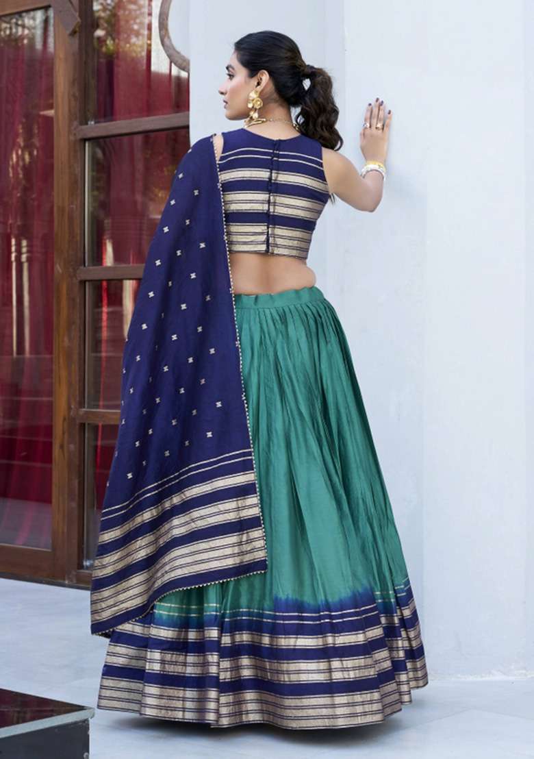 Firoji Zari Work Chanderi Lehenga Set - Indya