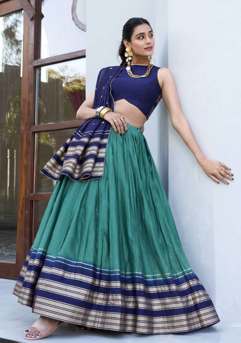 Firoji Zari Work Chanderi Lehenga Set - Indya