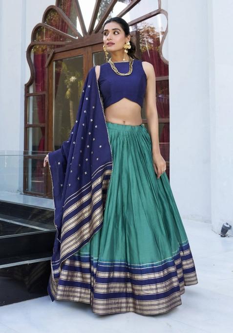 Firoji Zari Work Chanderi Lehenga Set