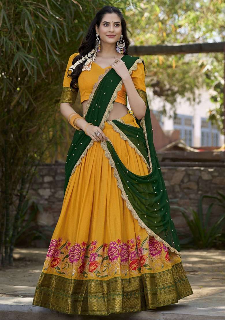 Mustard Yellow Embroidered Silk Lehenga Set - Indya