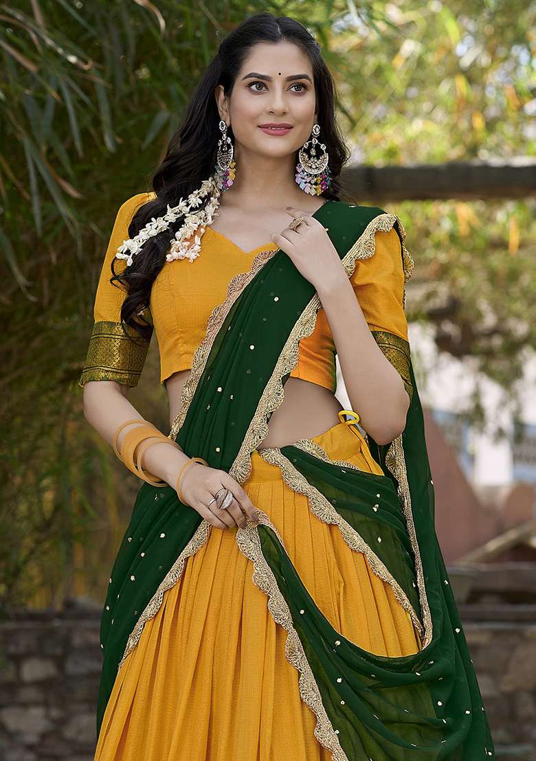 Mustard Yellow Embroidered Silk Lehenga Set - Indya