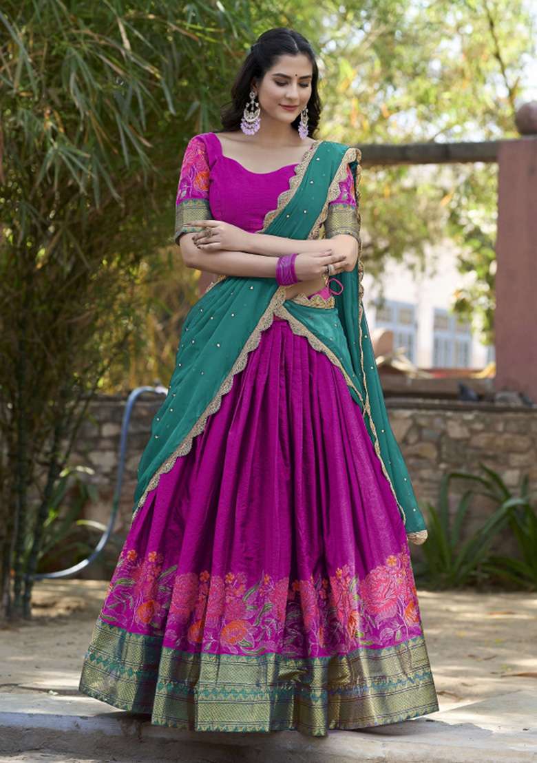 Pink Embroidered Silk Lehenga Set - Indya