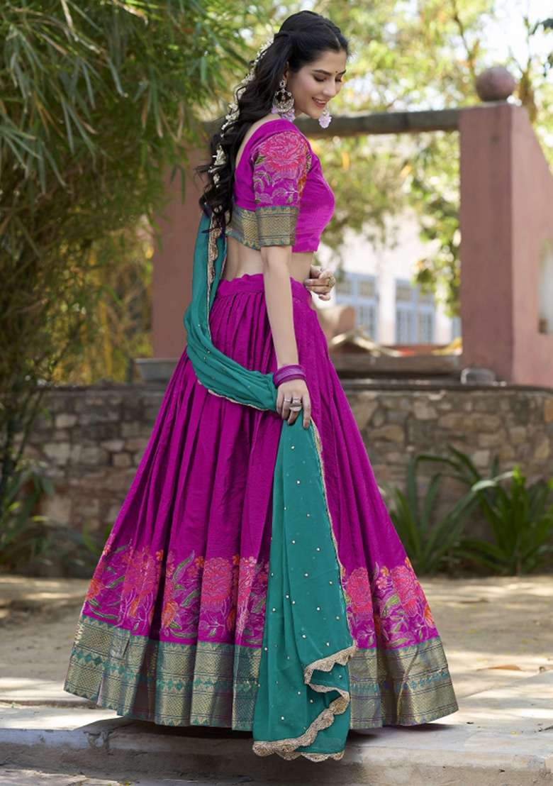 Pink Embroidered Silk Lehenga Set - Indya