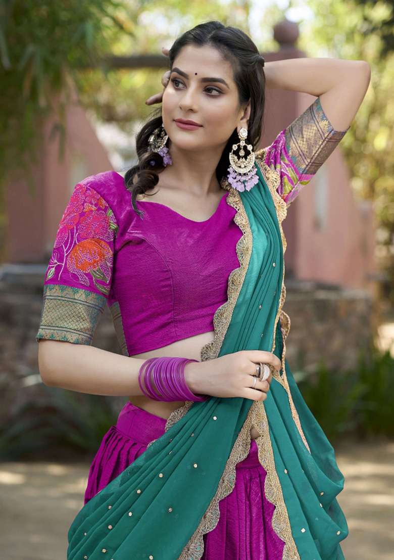 Pink Embroidered Silk Lehenga Set - Indya