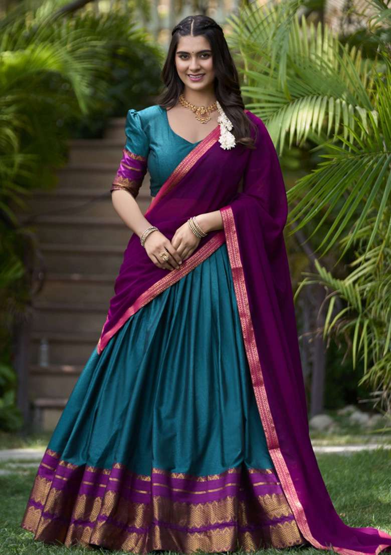 Teal Zari Work Cotton Lehenga Set - Indya
