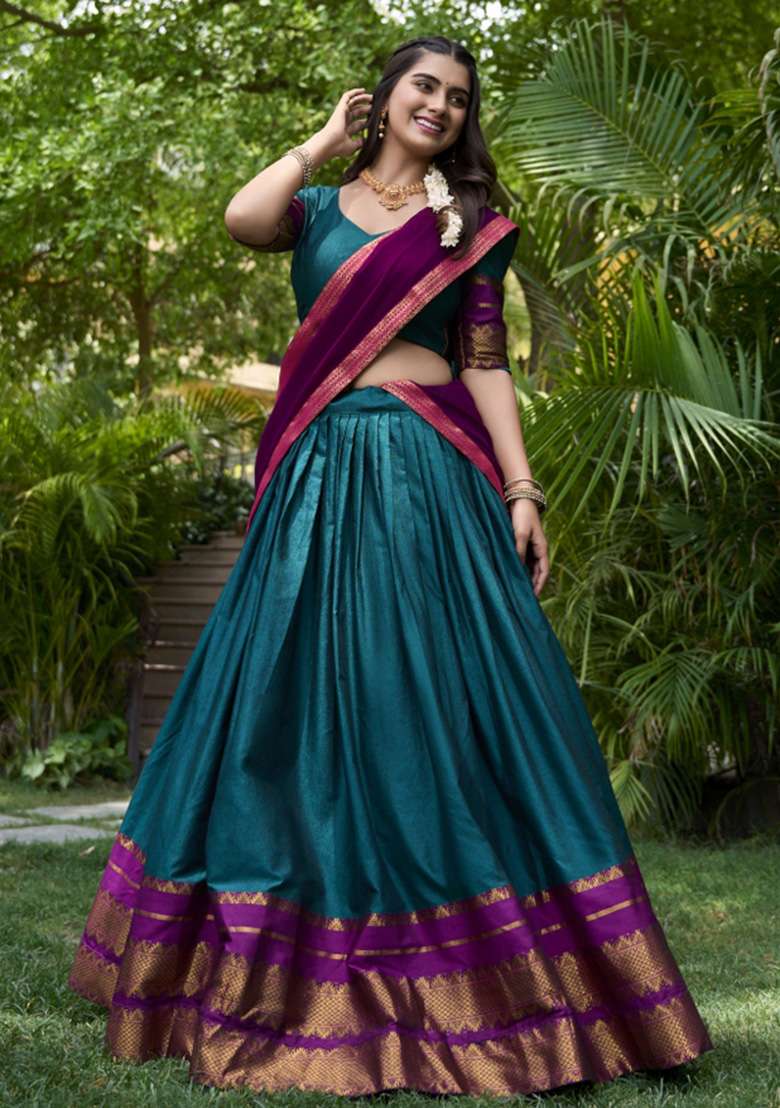 Teal Zari Work Cotton Lehenga Set - Indya