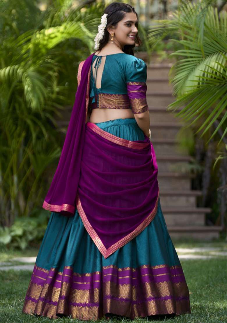 Teal Zari Work Cotton Lehenga Set - Indya