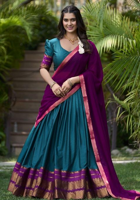 Teal Zari Work Cotton Lehenga Set