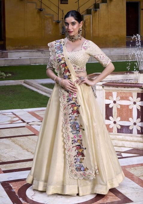 Off White Solid Blended Lehenga Set