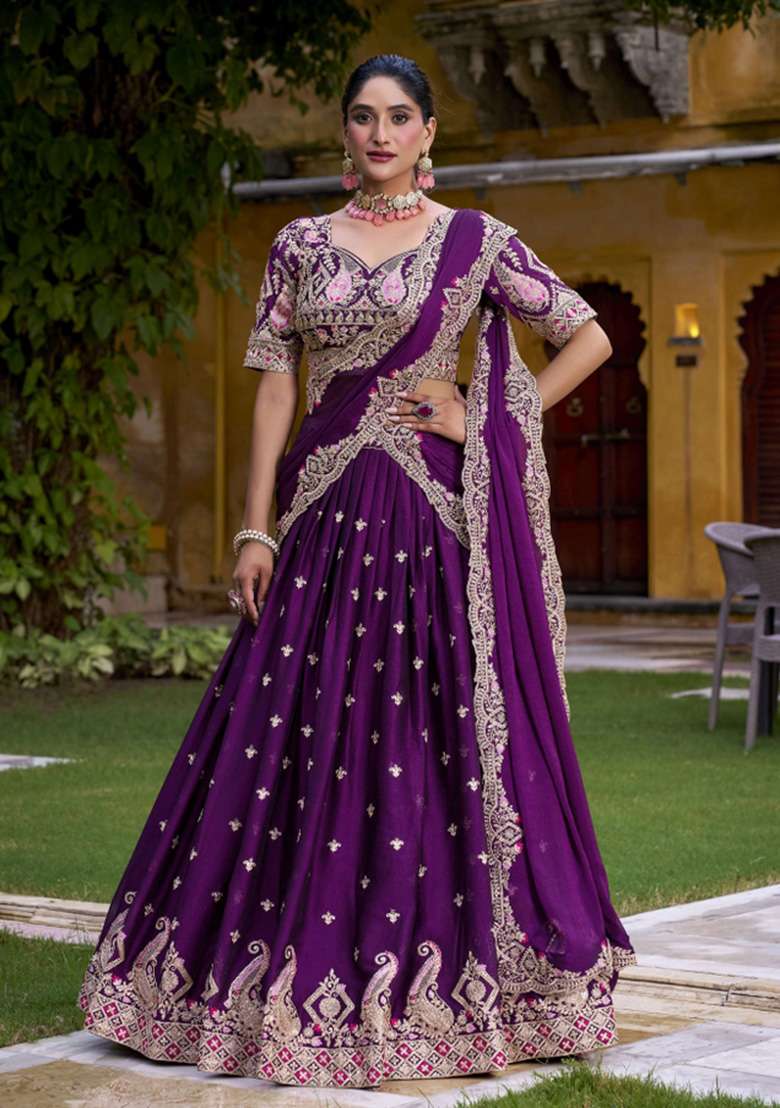 Purple Embroidered Tissue Lehenga Set - Indya